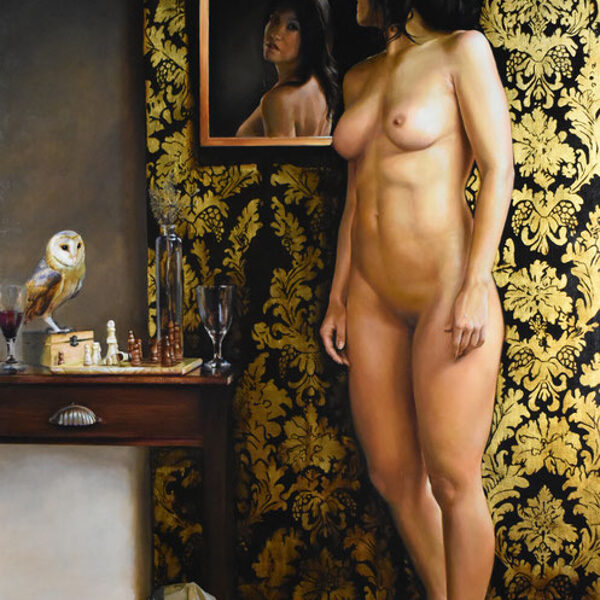 Athena before love. Oil and gold leaf on linen. 170x116 cm.