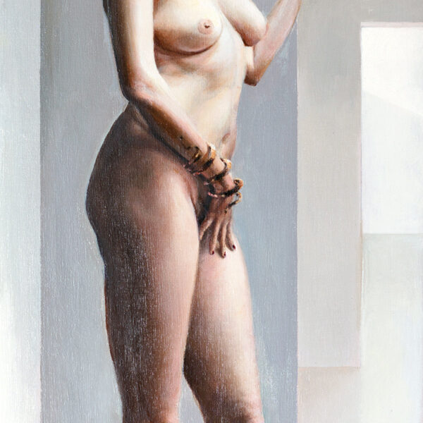 Lilith and (the weight of) the History of Art. Oil on panel. 53x18 cm