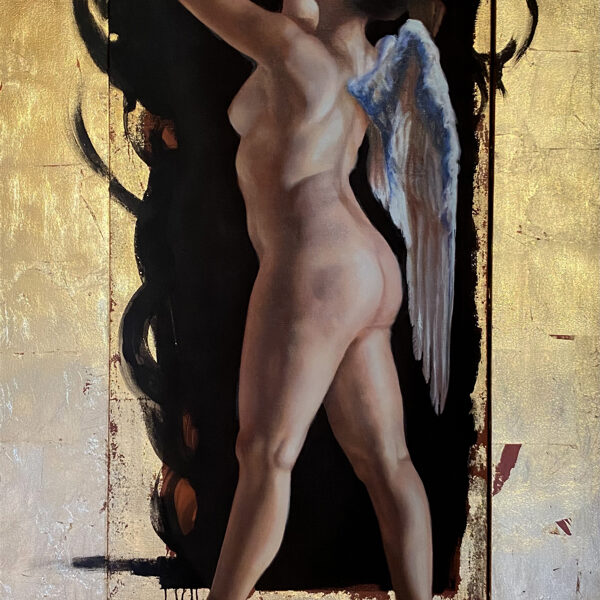 Winged III. Oil and gold leaf on canvas. 170x100 cm.