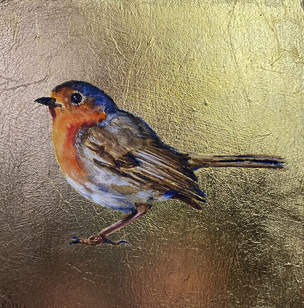 Petirrojo. Óleo sobre tabla y pan de oro. 12x12cm