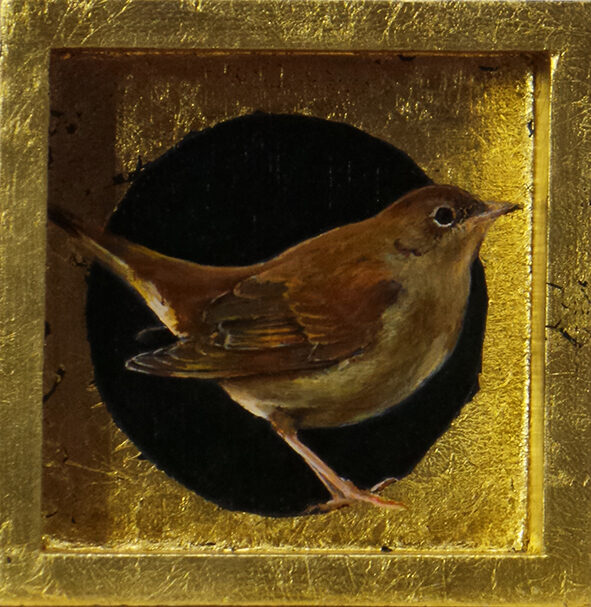 Ruiseñor. Óleo sobre tabla y pan de oro. 12X12cm. 