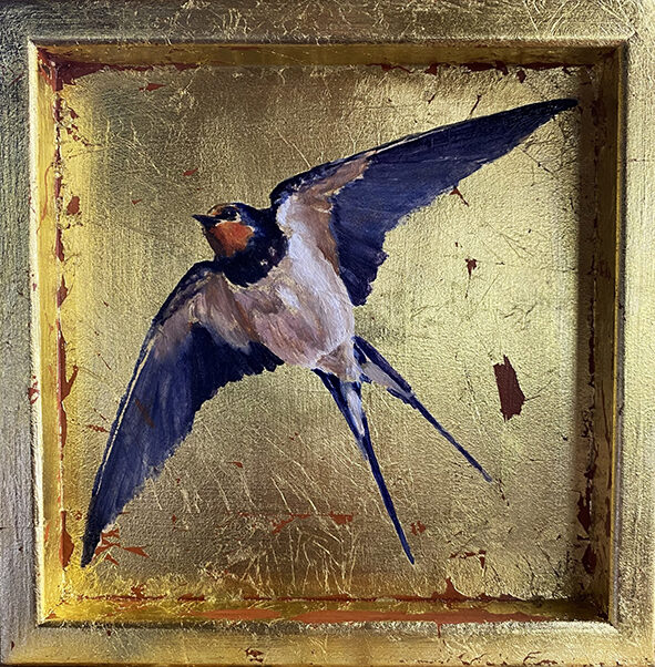 Golondrina. Óleo sobre tabla y pan de or. 15x15cm.