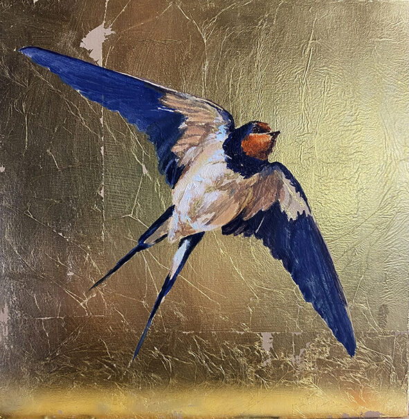 Golondrina. Óleo sobre tabla y pan de oro. 15x15xcm.