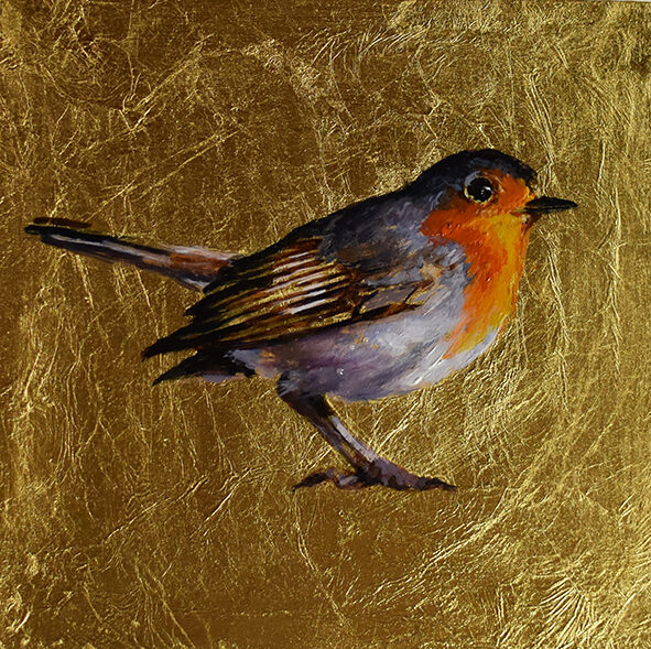 Petirrojo. Óleo sobre tabla y pan de oro. 12x12cm.