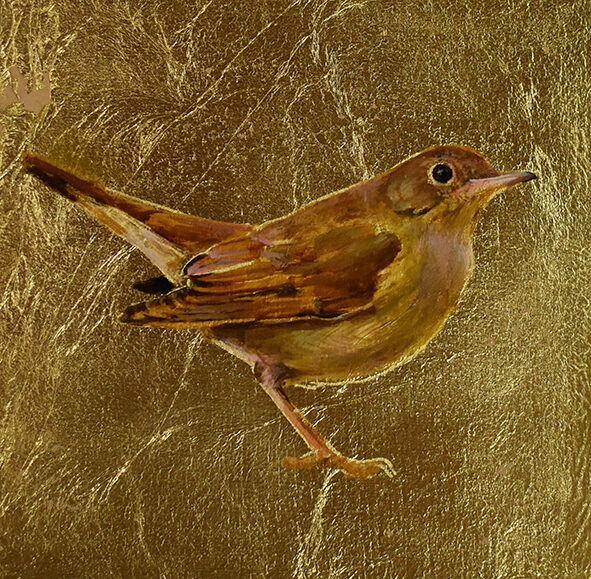 Ruiseñor. Óleo sobre tabla y pan de oro. 12x12cm.