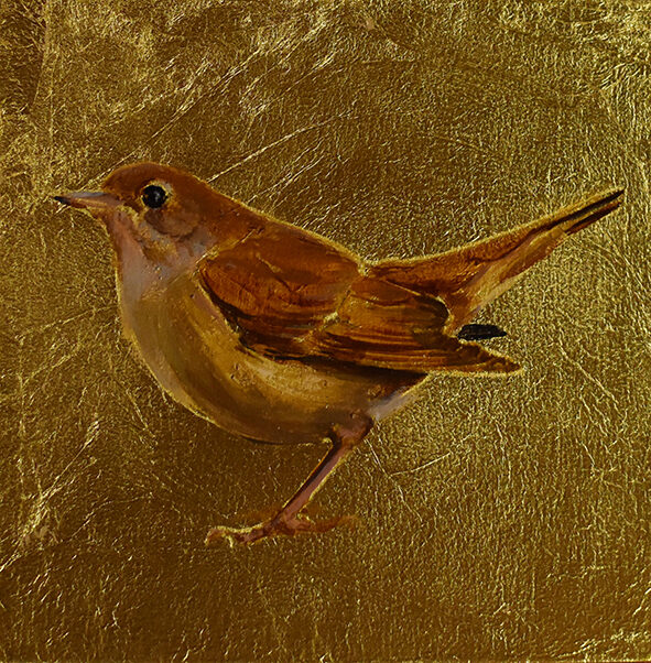 Ruiseñor. Óleo sobre tabla y pan de oro. 12x12cm.