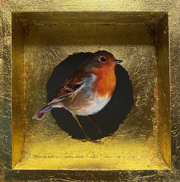 Petirrojo.!Óleo sobre tabla y pan de oro. 12x12cm. DISPONIBLE 