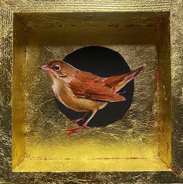 Ruiseñor. Óleo sobre tabla y pan de oro. 12x12cm. DISPONIBLE 