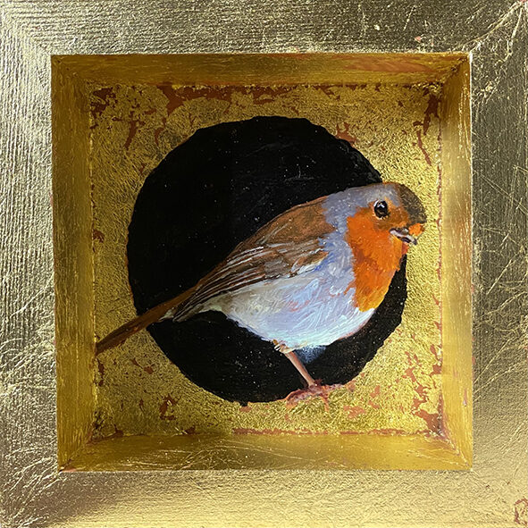 Petirrojo. Óleo sobre tabla y pan de oro. 12x12cm.