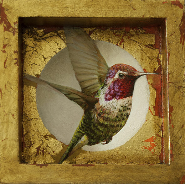 Colibrí. Óleo sobre tabla y pan de oro. 12x12cm.
