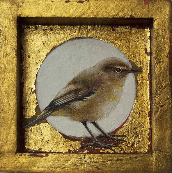 Mosquitero. Óleo sobre tabla y pan de oro. 12x12cm.