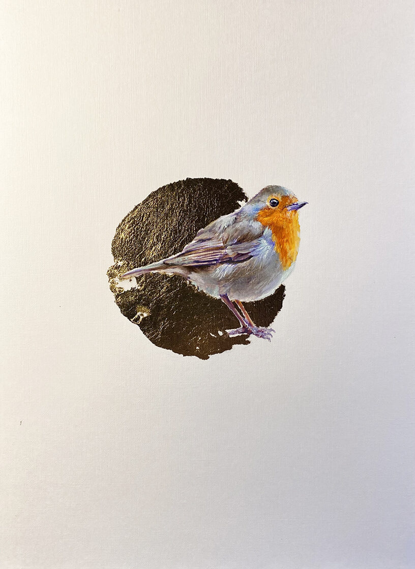 Perirrojo. Óleo sobre papel y pan de oro