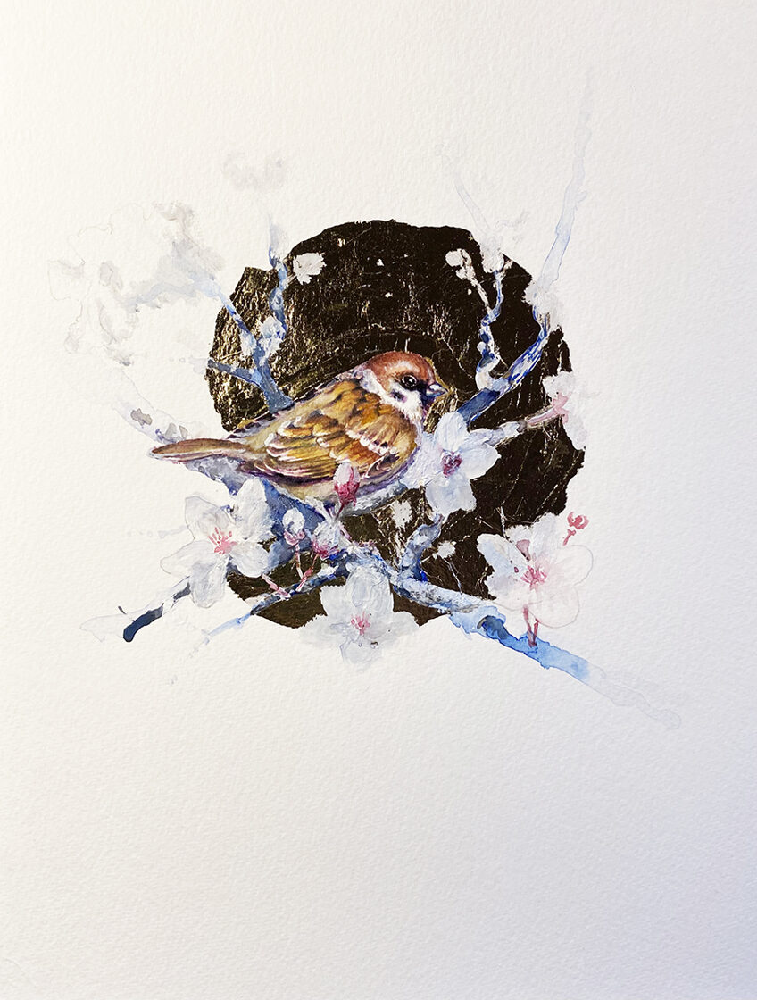 Gorrión. Técnica mixta sobre papel. DISPONIBLE