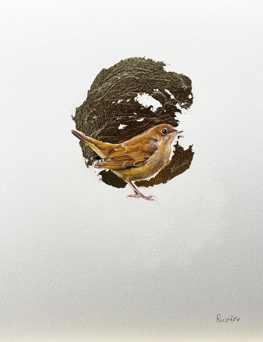 Ruiseñor. Óleo sobre papel y pan de oro 