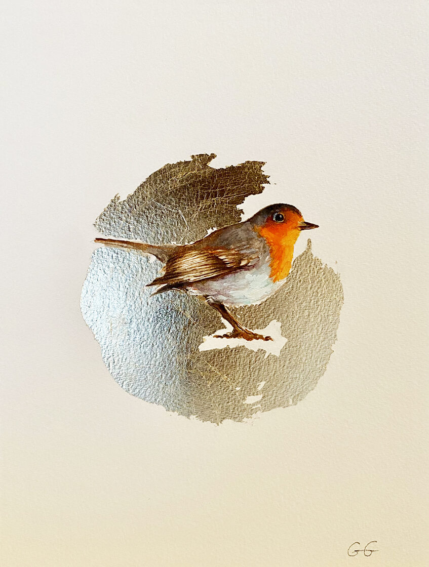 Petirrojo. Óleo sobre papel y pan de oro