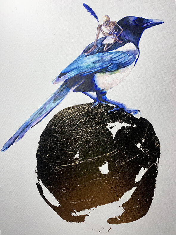 Urraca. Acuarela y pan de oro sobre papel 