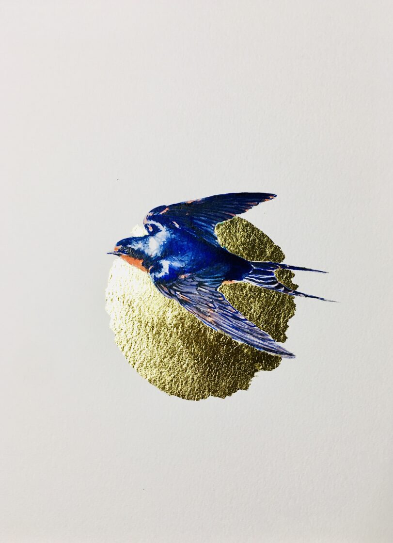 Golondrina. Óleo y pan de oro sobre papel 