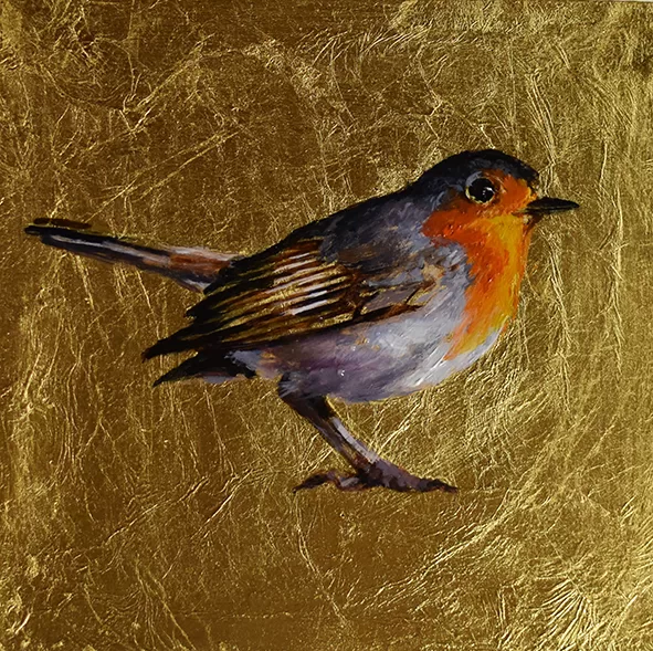 Petirrojo. Óleo sobre tabla y pan de oro. 12x12cm.