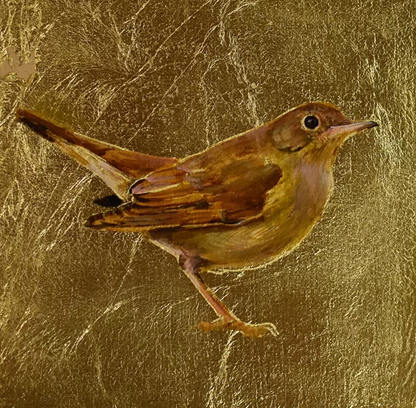 Ruiseñor. Óleo sobre tabla y pan de oro. 12x12cm.