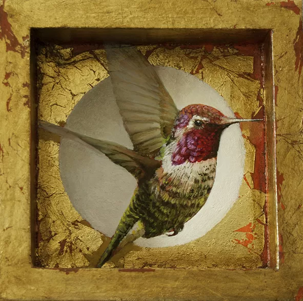 Colibrí. Óleo sobre tabla y pan de oro. 12x12cm.