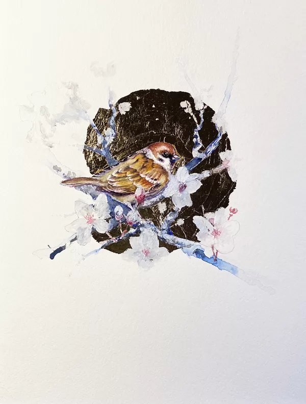 Gorrión. Técnica mixta sobre papel