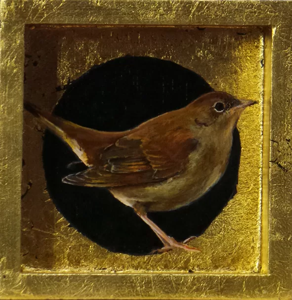 Ruiseñor. Óleo sobre tabla y pan de oro. 12X12cm. 