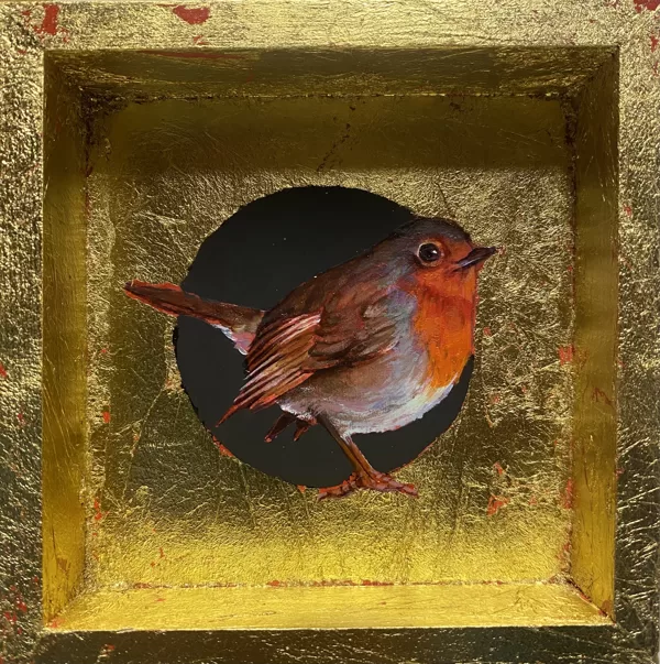Petirrojo. Óleo sobre tabla y pan de oro. 12x12cm. DISPONIBLE 