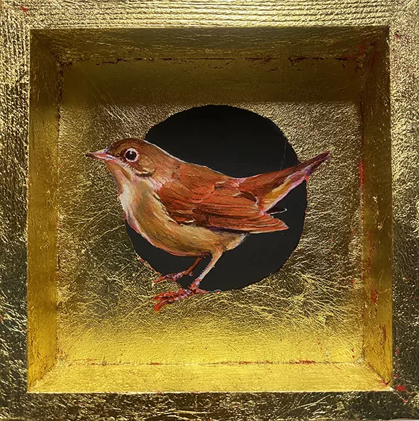 Ruiseñor. Óleo sobre tabla y pan de oro. 12x12cm. DISPONIBLE 