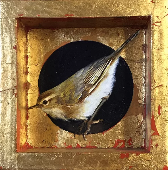 Mosquitero. Óleo sobre tabla y pan de oro. 12X12cm.