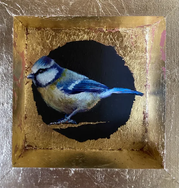 Herrerillo. Óleo sobre tabla y pan de oro 12x12cm