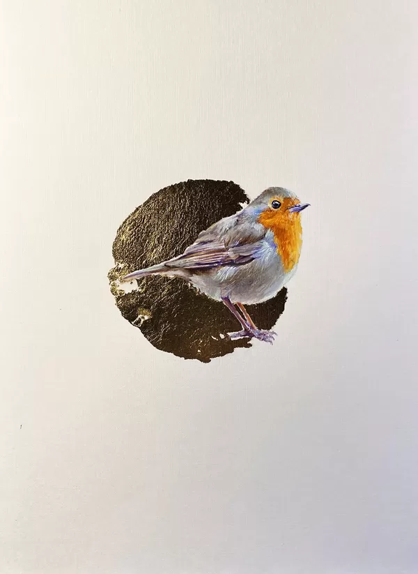 Perirrojo. Óleo sobre papel y pan de oro