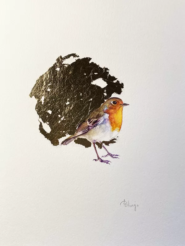 Petirrojo. Óleo sobre papel y pan de oro. 
