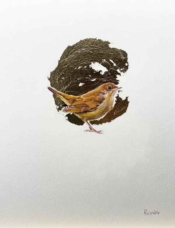 Ruiseñor. Óleo sobre papel y pan de oro 