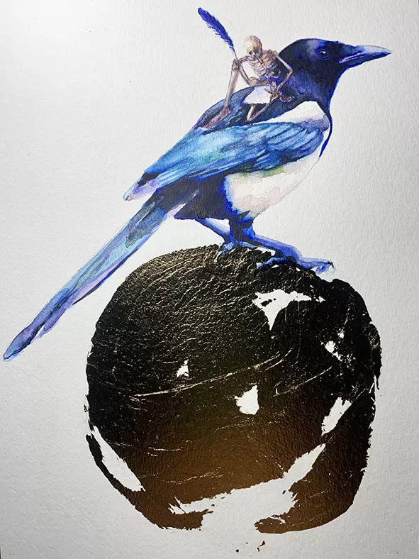 Urraca. Acuarela y pan de oro sobre papel 